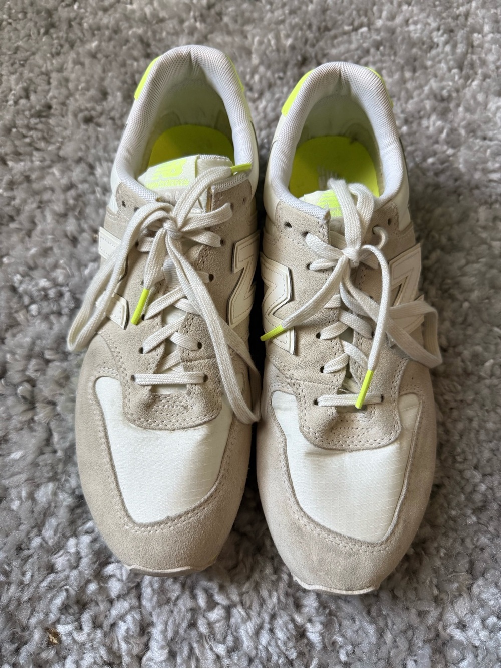 New Balance Beige & White Sneakers with Neon Yellow Accents